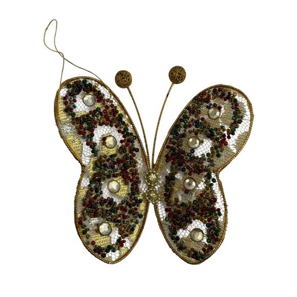 Vintage Gold Beaded Butterfly Christmas Ornament Mesh Hanging - Picture 2 of 15